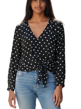Express Black and White Polka Dot Tie-Front Wrap Blouse